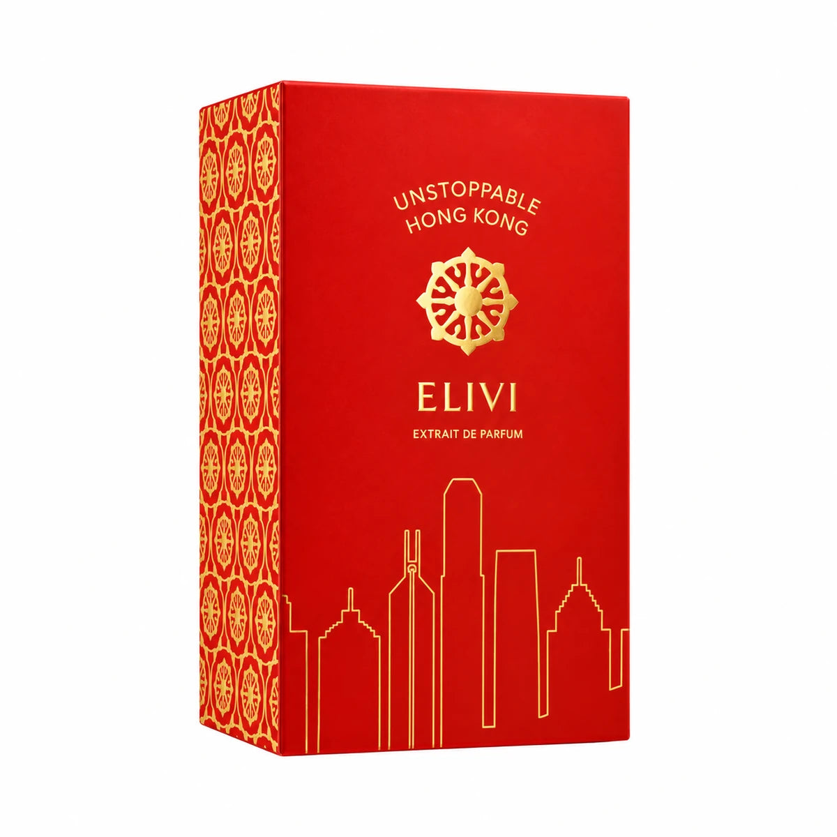 Empaque rojo de Elivi Hong Kong Unstoppable Extrait de Parfum de 50 ml con edificios y motivos geométricos dorados sobre fondo blanco