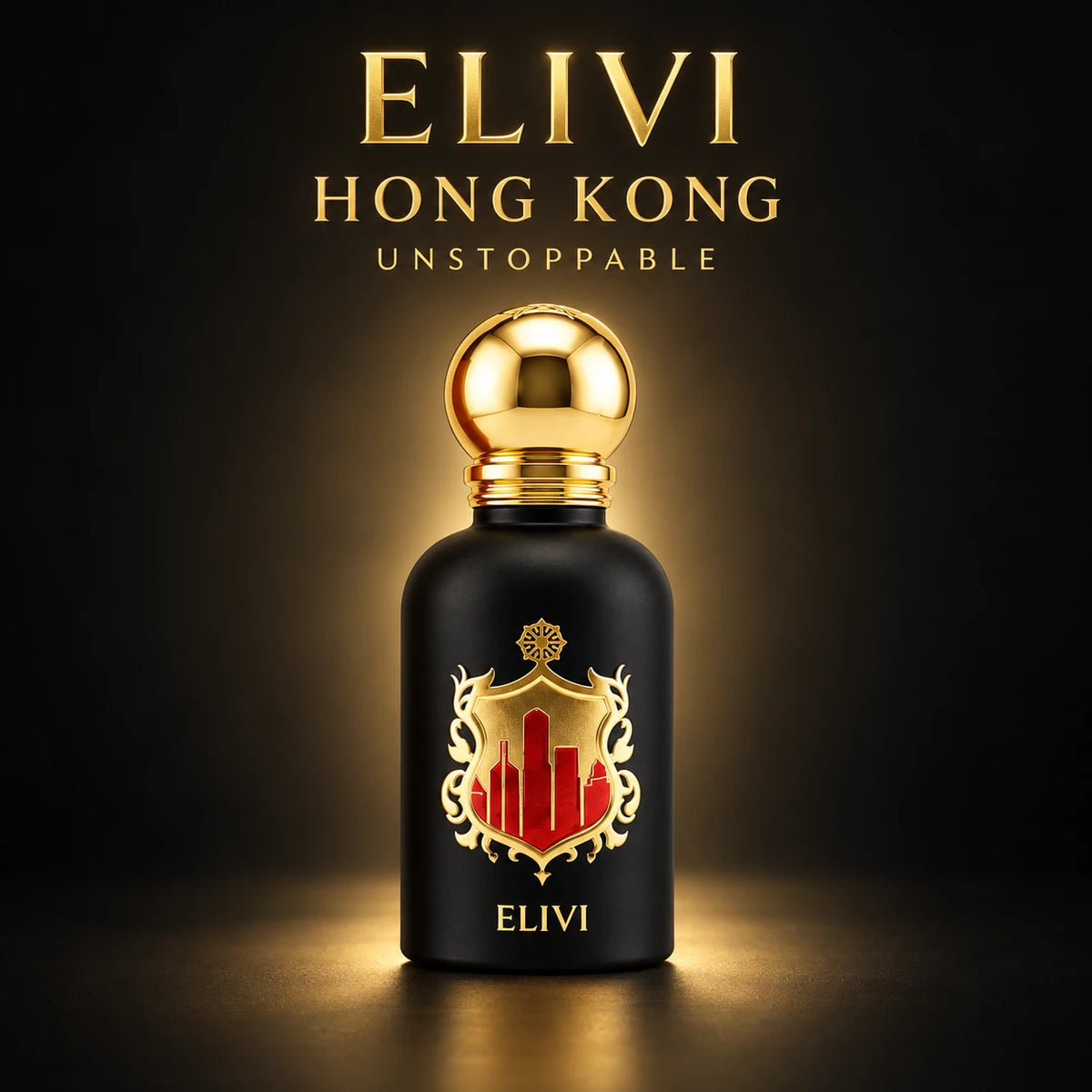 Elivi Hong Kong Unstoppable de 50 ml sobre fondo negro con iluminación dorada y la marca y la referencia en letras doradas