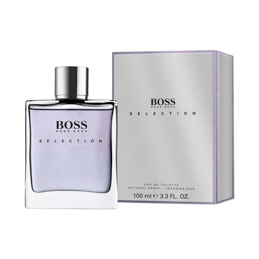 perfume hugo boss selection 100 ml eau de toilette frasco transparente con tapa plateada y diseño elegante