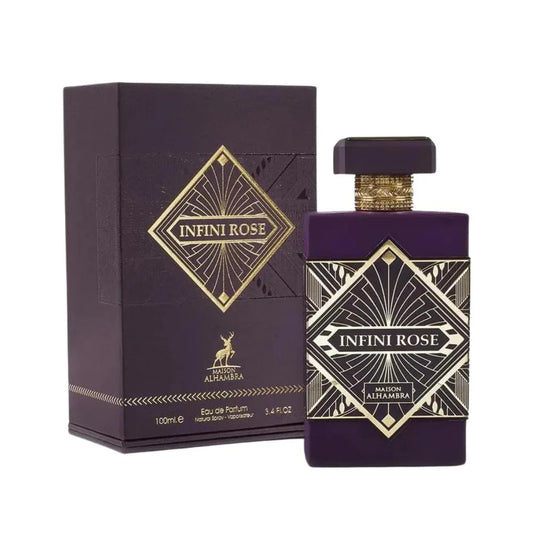 imagen del perfume infini rose maison alhambra mostrando su frasco rosado con detalles dorados y fondo neutro