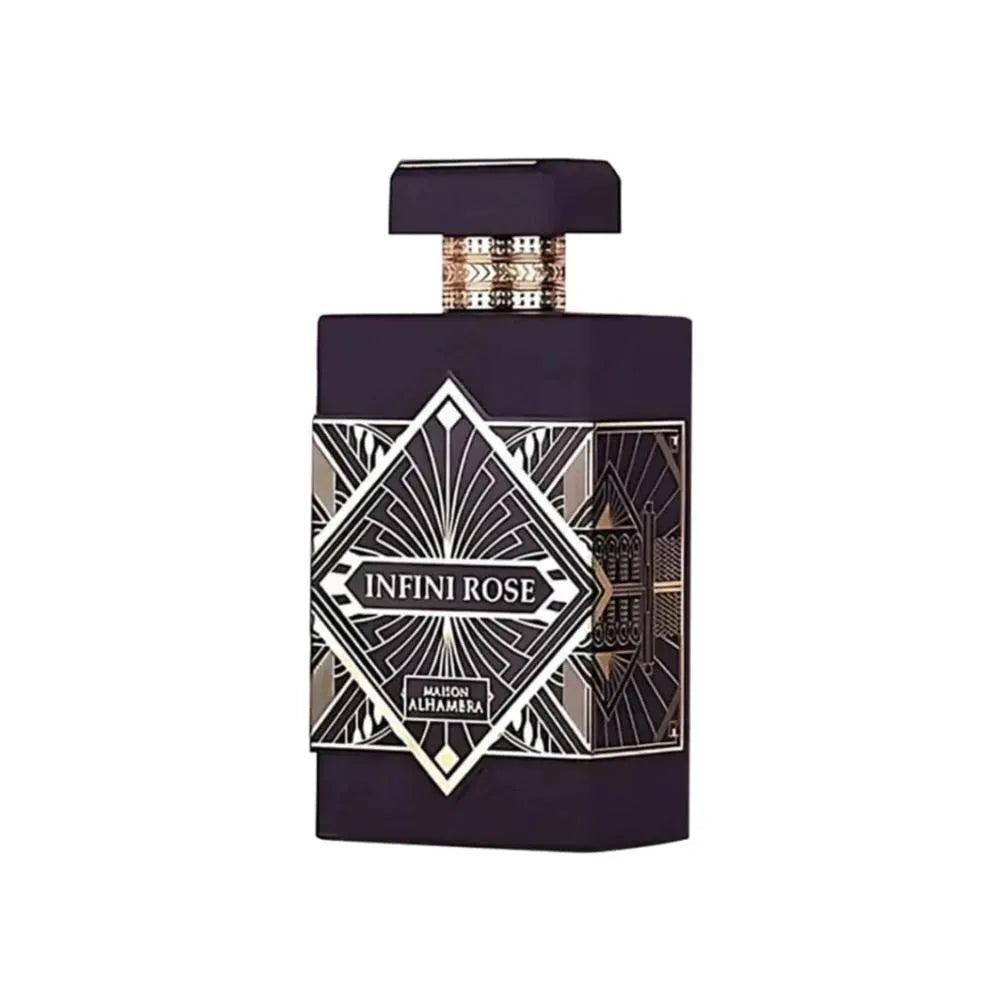 fotografía del perfume infini rose maison alhambra 100 ml mostrando su aroma floral amaderado con estilo moderno