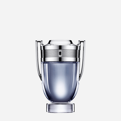 frasco del perfume invictus de paco rabanne 100 ml edt hombre con diseño de trofeo metálico sobre fondo gris
