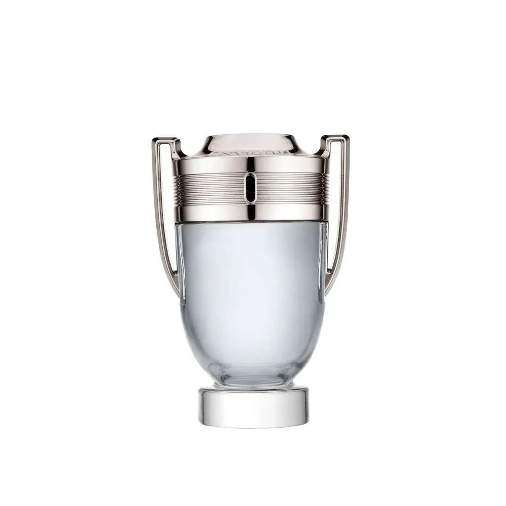 perfume invictus paco rabanne para hombre 100 ml eau de toilette exhibido junto a su caja original color plateado