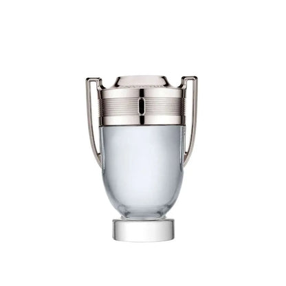 perfume invictus paco rabanne para hombre 100 ml eau de toilette exhibido junto a su caja original color plateado