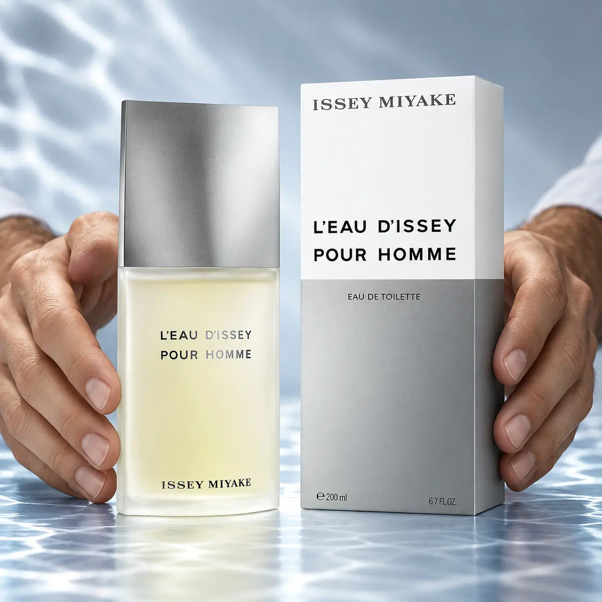 presentación publicitaria masculina de issey miyake l'eau d'issey pour homme edt 200 ml