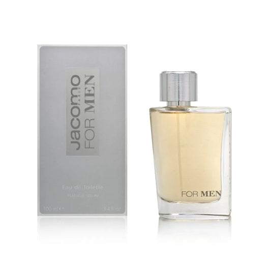 perfume jacomo for men eau de toilette 100 ml para hombre con frasco cuadrado transparente y tapa metálica sobre fondo blanco