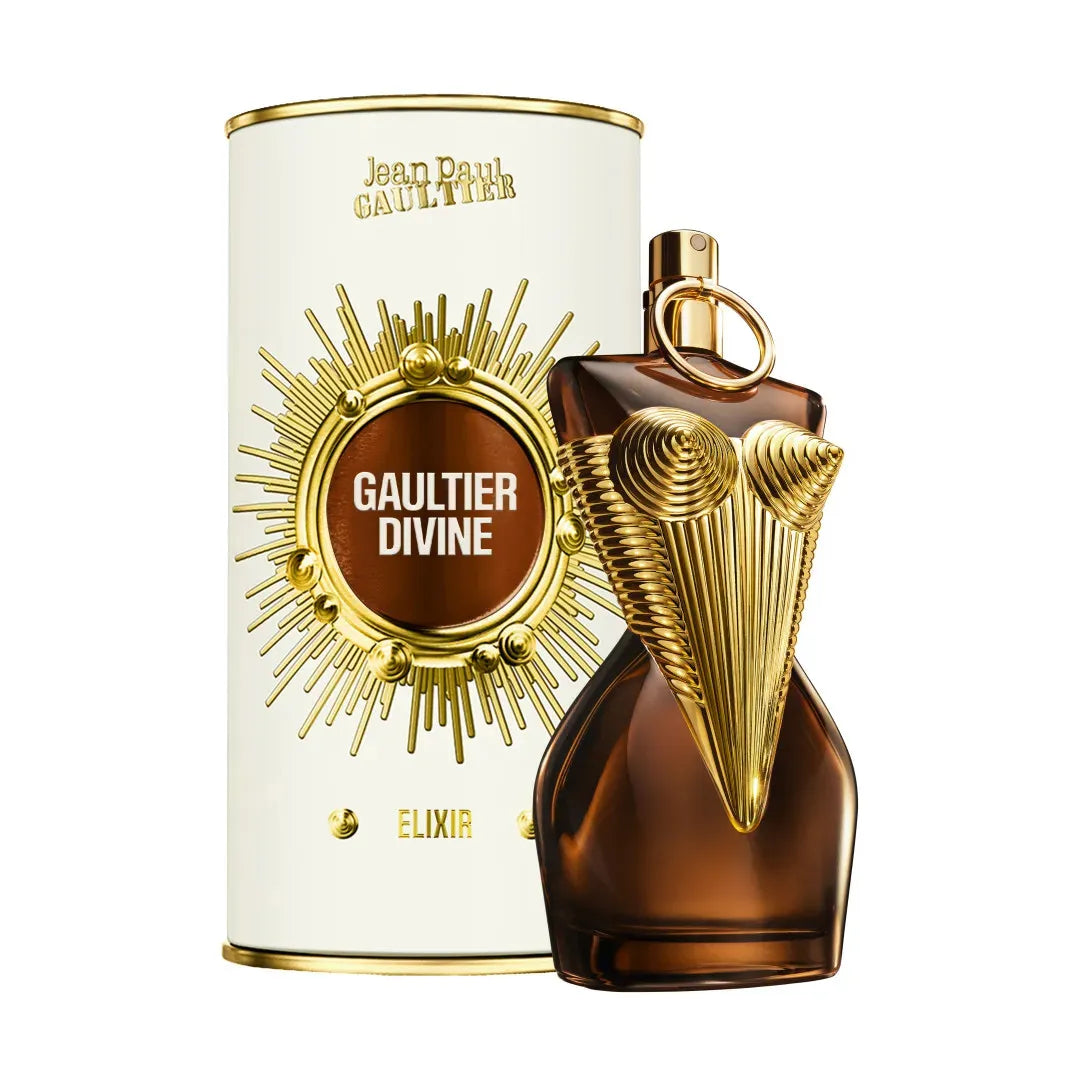 frasco dorado del perfume Jean Paul Gaultier Divine Elixir Eau de Parfum para mujer de 100 ml sobre su estuche dorado