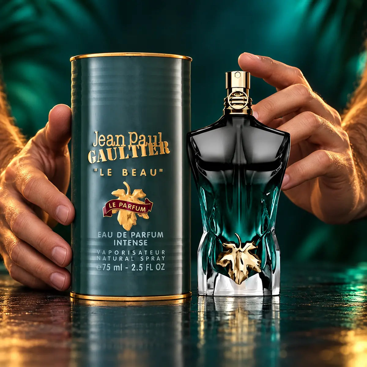 presentación publicitaria masculina de jean paul gaultier le beau le parfum edp intenso 75 ml