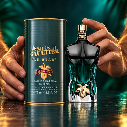 presentación publicitaria masculina de jean paul gaultier le beau le parfum edp intenso 75 ml