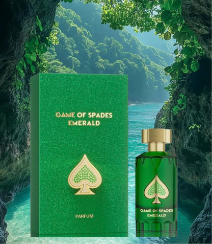 Fragancia Jo Milano Game Of Spades Emerald aroma amaderado especiado en frasco de lujo color verde esmeralda