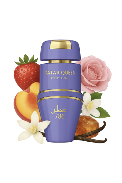 Frasco del perfume Qatar Queen Jo Milano con tapa dorada y fondo neutro que resalta su estética de lujo