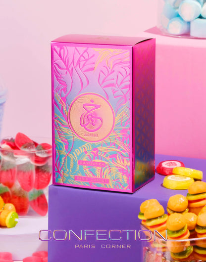 presentación completa del perfume Khair Confection Paris Corner con frasco y empaque