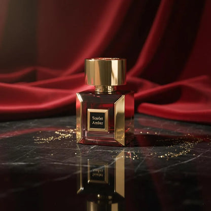 Detalle del frasco Korbaj Parfums Scarlet Ambar resaltando textura del vidrio y acabado metálico del tapón