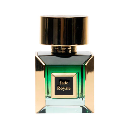 imagen de la caja del perfume korbaj jade royale junto al frasco de 100 ml
