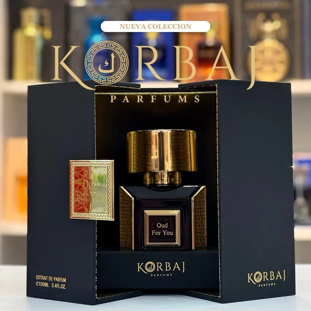 imagen de la caja del perfume korbaj oud for you 100 ml extrait de parfum junto al frasco mostrando el empaque