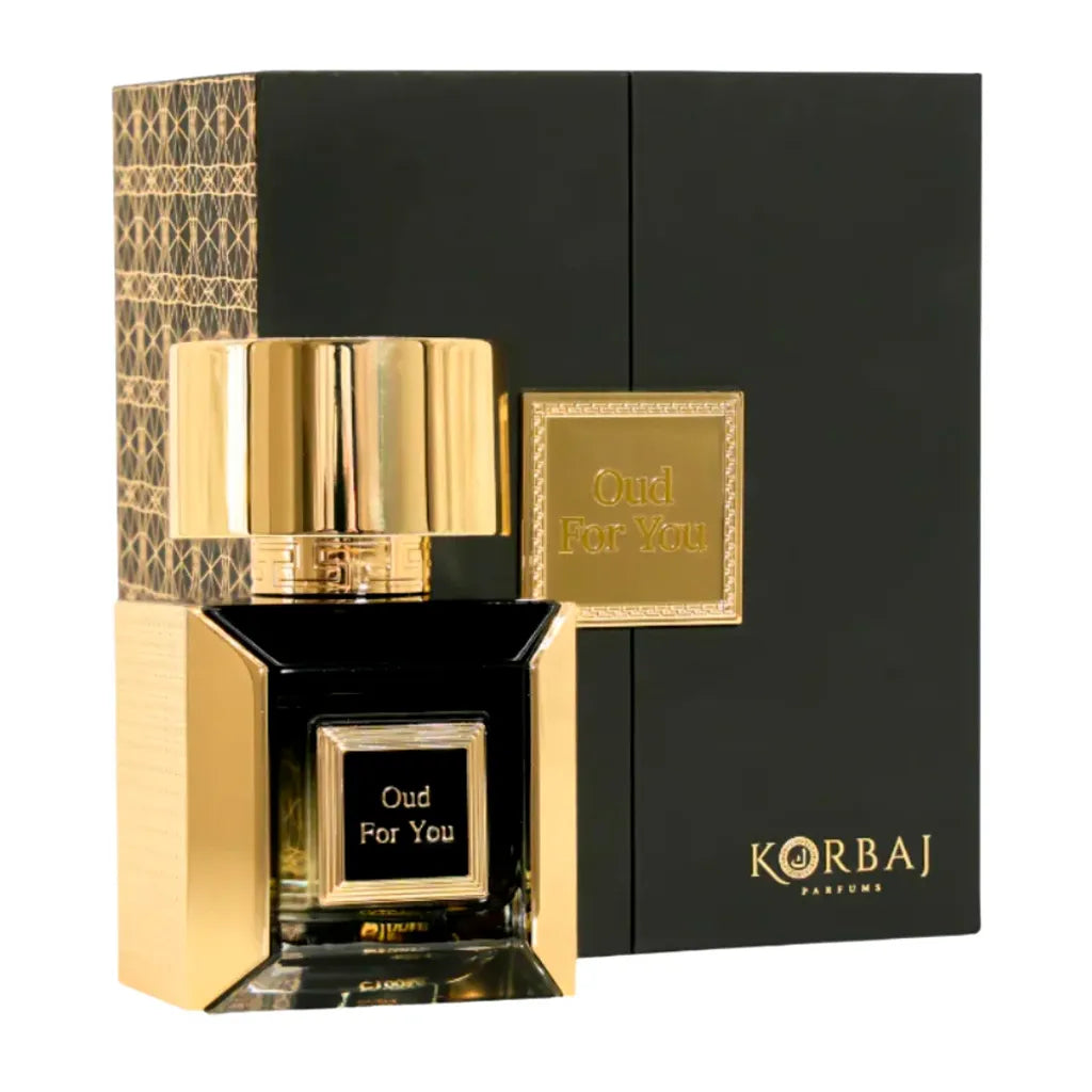 fotografia del perfume korbaj oud for you 100 ml extrait de parfum vista frontal mostrando el frasco elegante