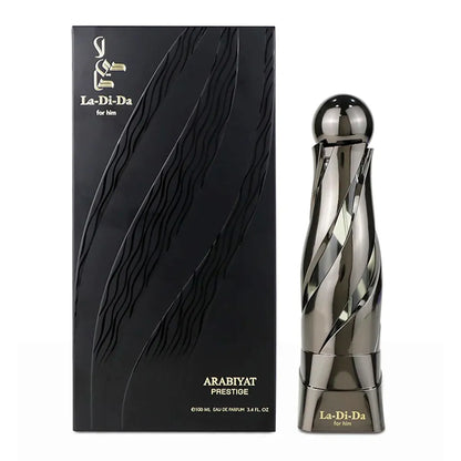 fotografia del perfume la di da arabiyat prestige 100 ml eau de parfum vista frontal mostrando el diseño del frasco