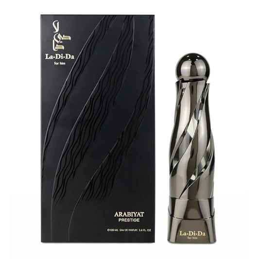 fotografia del perfume la di da arabiyat prestige 100 ml eau de parfum vista frontal mostrando el diseño del frasco