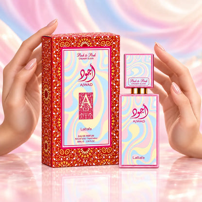 presentación publicitaria de lattafa ajwad pink to pink creamy elixir edp 60 ml
