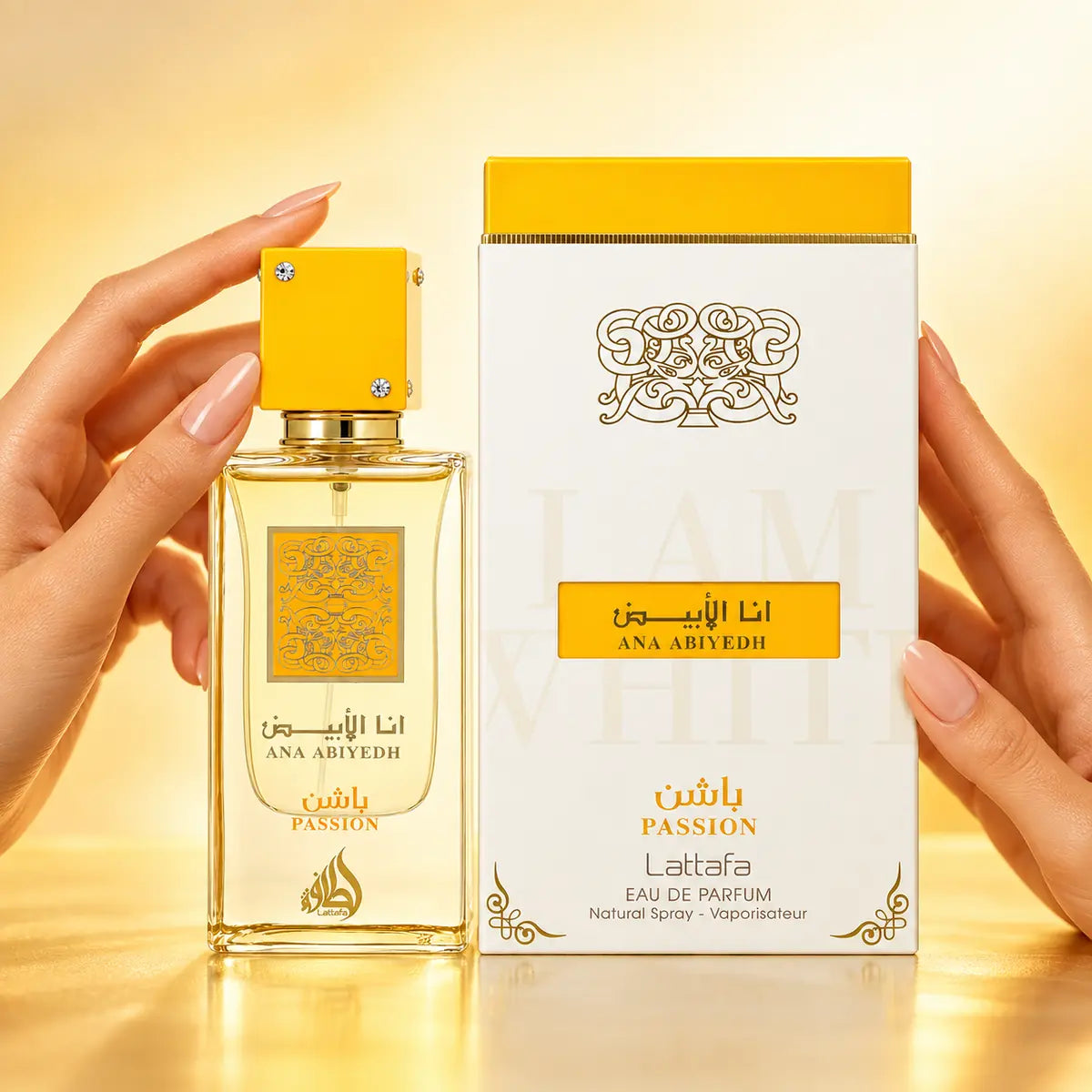 presentación publicitaria femenina de lattafa ana abiyedh passion edp 60 ml