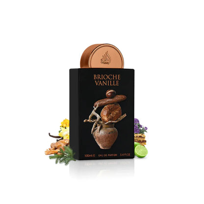 detalle del frasco del perfume estuche lattafa brioche vanilla resaltando el brillo metálico y la textura del envase del set
