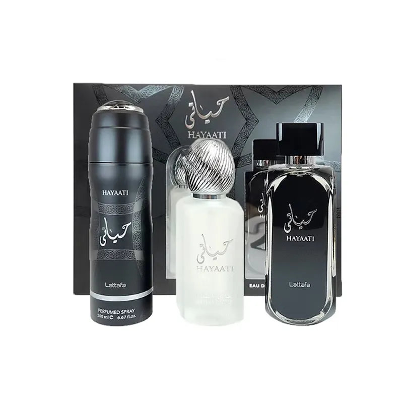 Lattafa Hayaati set perfume masculino 100ml EDP con notas de canela vainilla y maderas nobles
