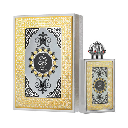 Perfume Lattafa King Of Arabia 100ml Edp con frasco dorado y detalles grabados sobre fondo blanco