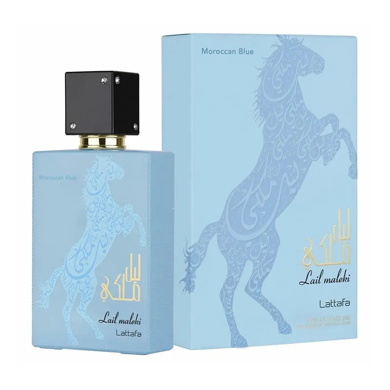 Lattafa Lail Maleki Moroccan Blue perfume 100ml con notas de jazmín marroquí vainilla y especias

