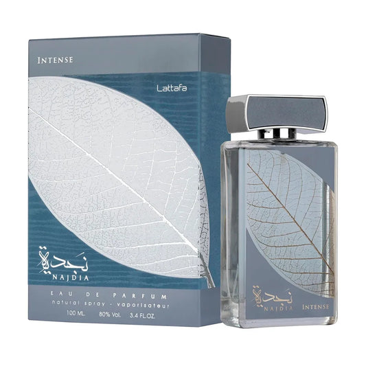 perfume lattafa najdia intense 100 ml edp frasco elegante color oscuro con detalles metálicos