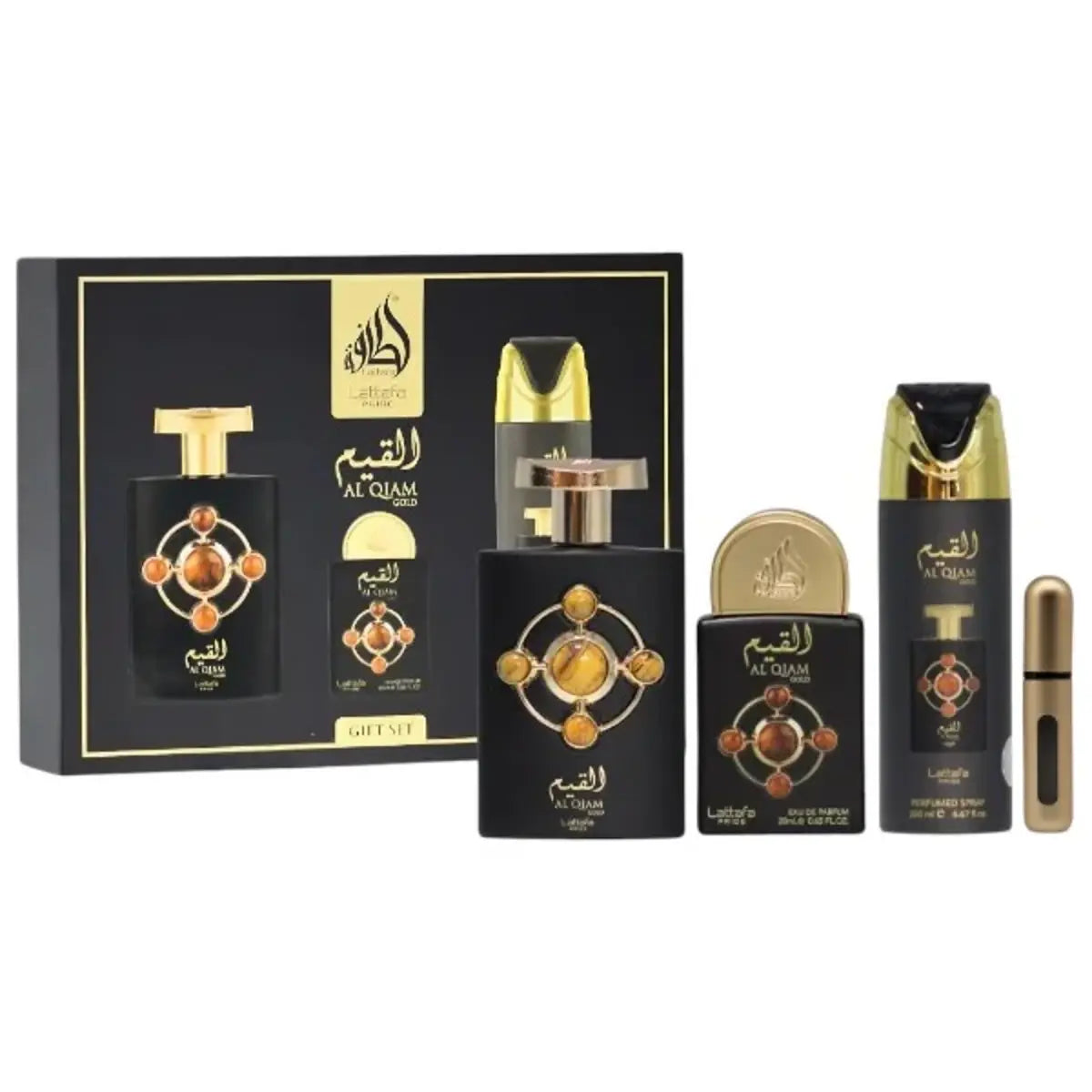 Estuche Lattafa Pride Al Qiam Gold EDP 100 ml unisex con perfume de bolsillo y spray perfumado