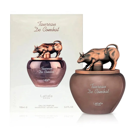 perfume lattafa taurean de combat eau de parfum 100ml frasco negro con detalles metálicos sobre fondo blanco