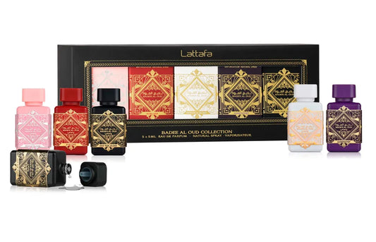 lattafa badee al oud collection estuche perfumes con cinco frascos edp 5ml cada uno fragancias orientales amaderadas para hombres y mujeres