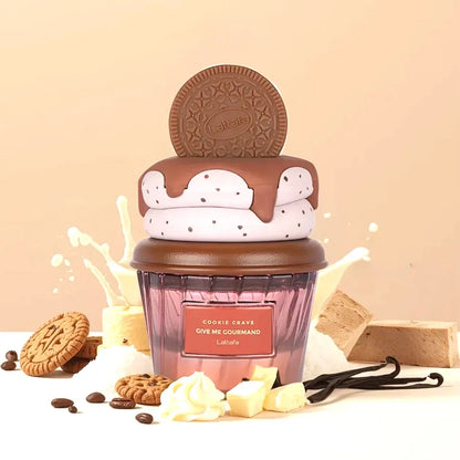 Frasco del perfume Lattafa Cookie Crave con diseño atractivo