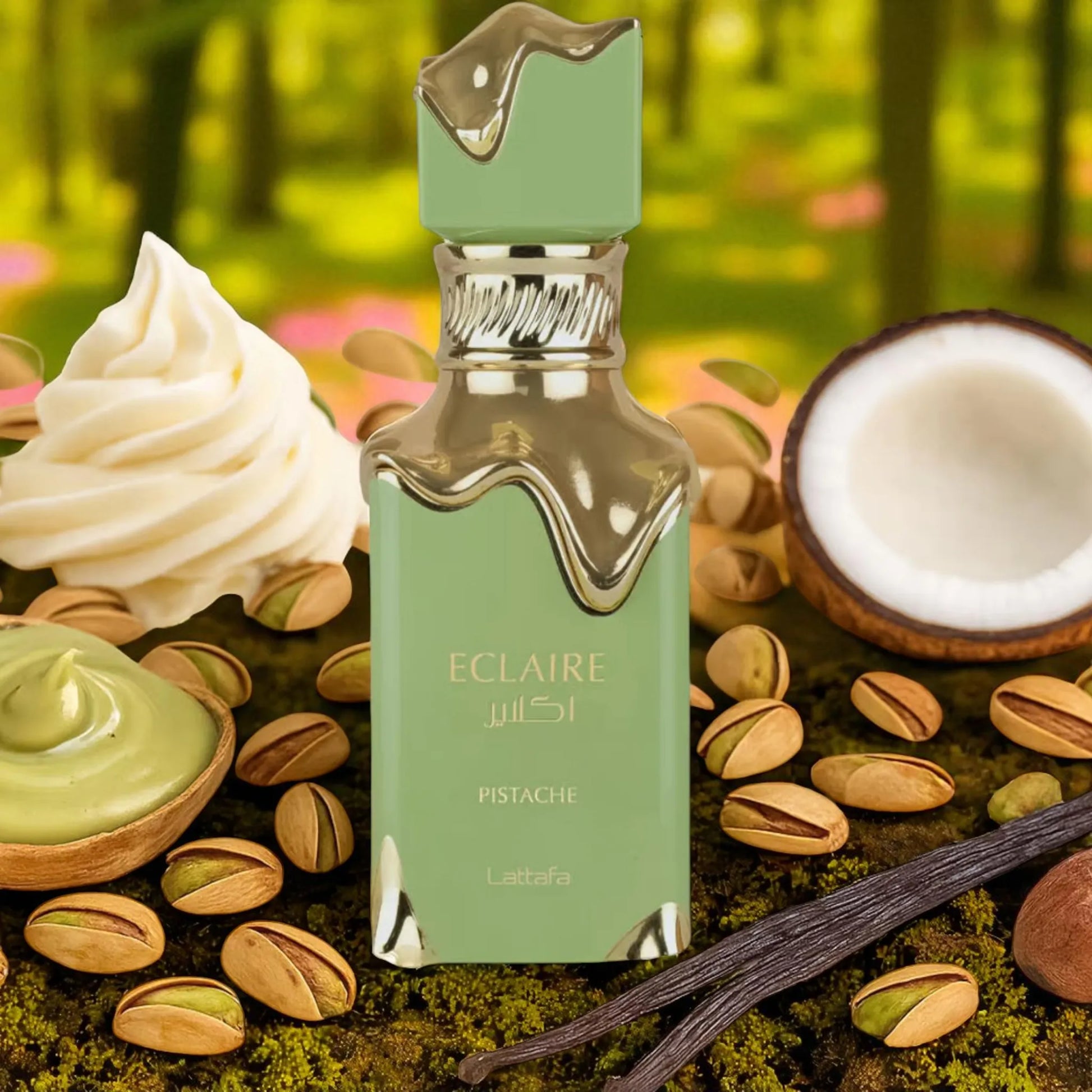 Perfume Lattafa Eclaire Pistache Mujer 100ml Edp fragancia oriental vainilla con matices de cacao coco pistacho y un fondo cremoso de almizcle y leche