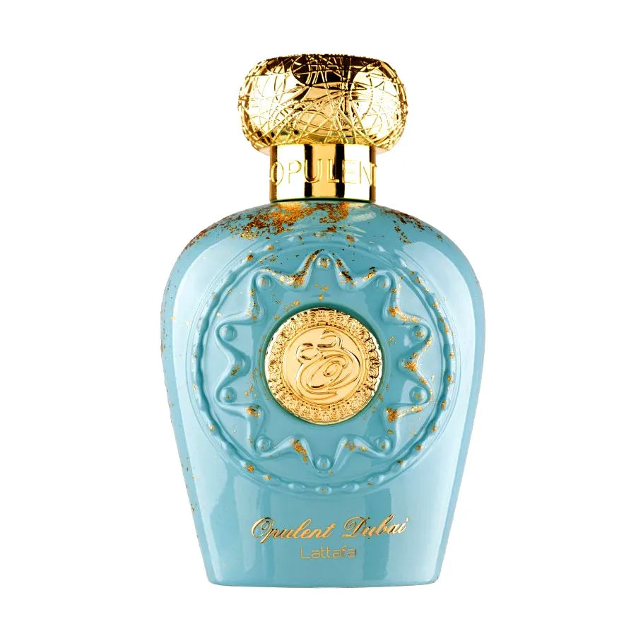 Frasco Lattafa Opulent Dubai diseño elegante dorado