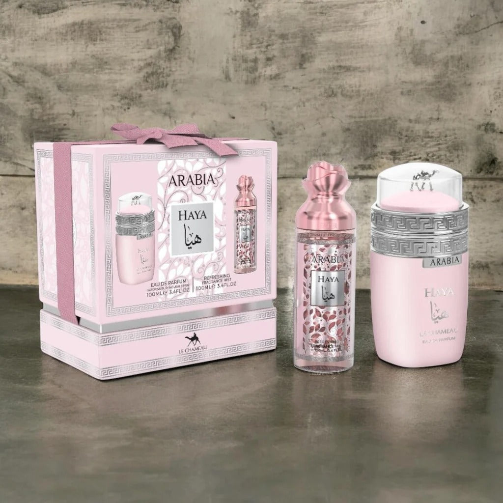 Set de perfume Arabia Haya EDP para mujer con estuche de regalo y diseño oriental