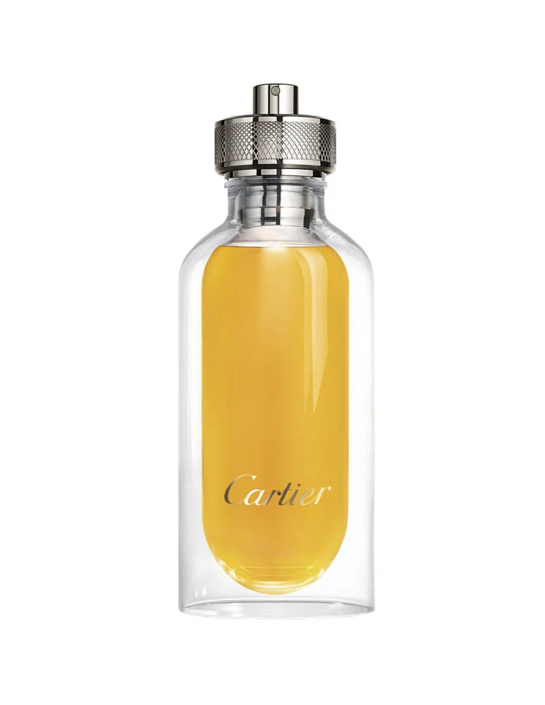 frasco del perfume cartier lenvol eau de parfum mostrando el diseño cilíndrico con tapón plateado y líquido ámbar