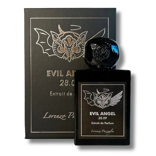 Botella negra de Evil Angel 2809 Lorenzo Pazzaglia Extrait de Parfum 50ml con diseño gótico y detalles rojos