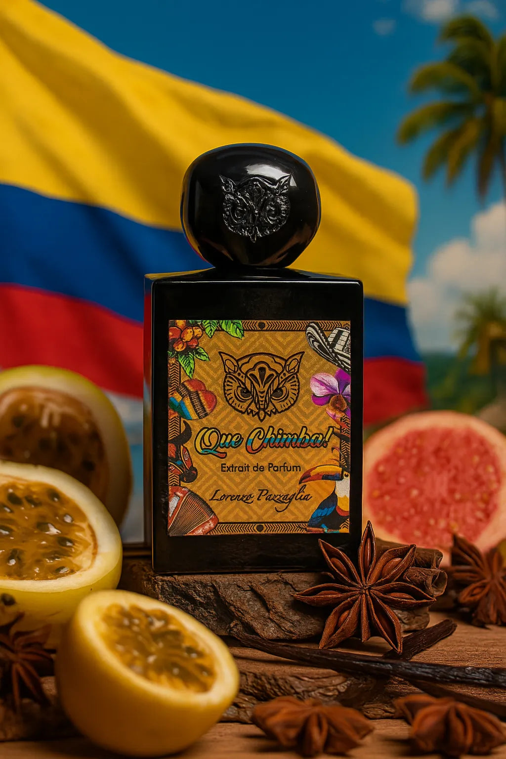 vista lateral del frasco Lorenzo Pazzaglia Que Chimba 50ml mostrando etiqueta y silueta del envase