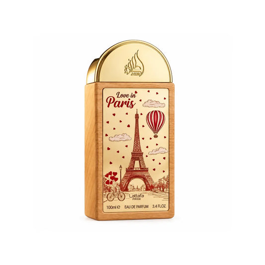 frasco de perfume love in paris de lattafa edp 100 ml unisex con diseño elegante