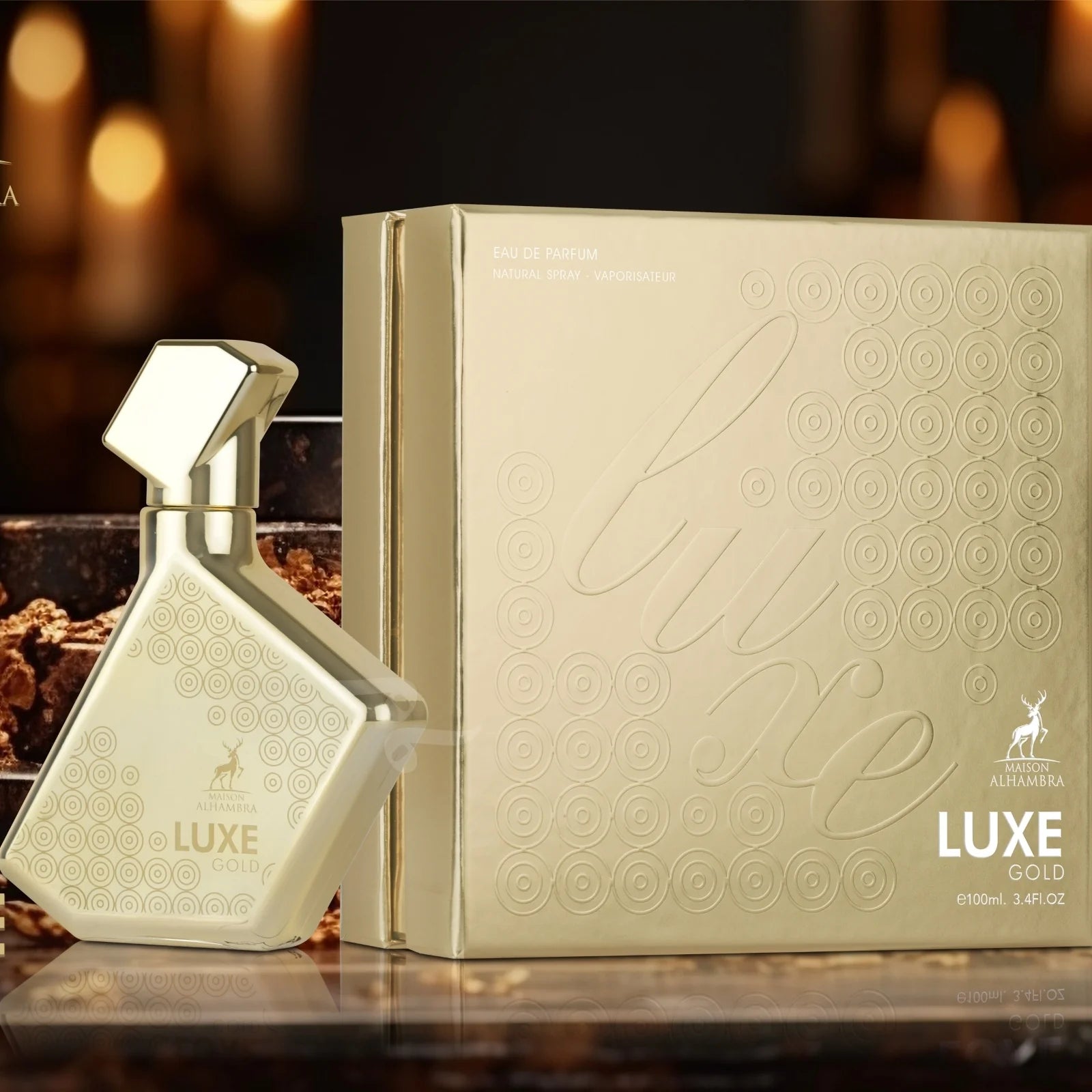 Detalle del frasco Luxe Gold Maison Alhambra 100ml
