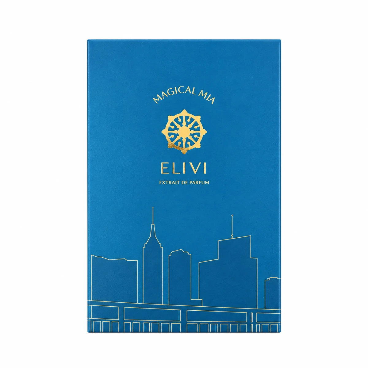 Empaque azul de Elivi Magical Mia Extrait de Parfum de 50 ml con emblema, letras y silueta urbana en dorado sobre fondo blanco
