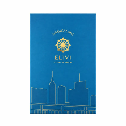 Empaque azul de Elivi Magical Mia Extrait de Parfum de 50 ml con emblema, letras y silueta urbana en dorado sobre fondo blanco