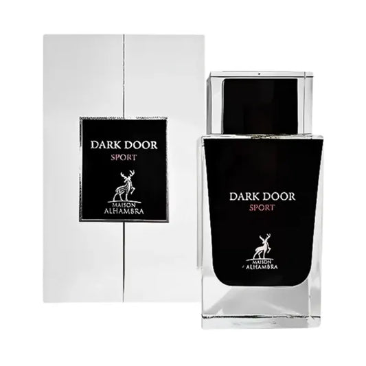Botella negra de Dark Door Sport Maison Alhambra EDP 100ml con diseño moderno y detalles plateados para hombre