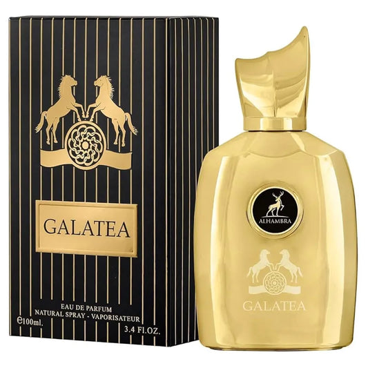 Frasco dourado de Galatea Maison Alhambra EDP 100ml com design elegante e detalhes em relevo