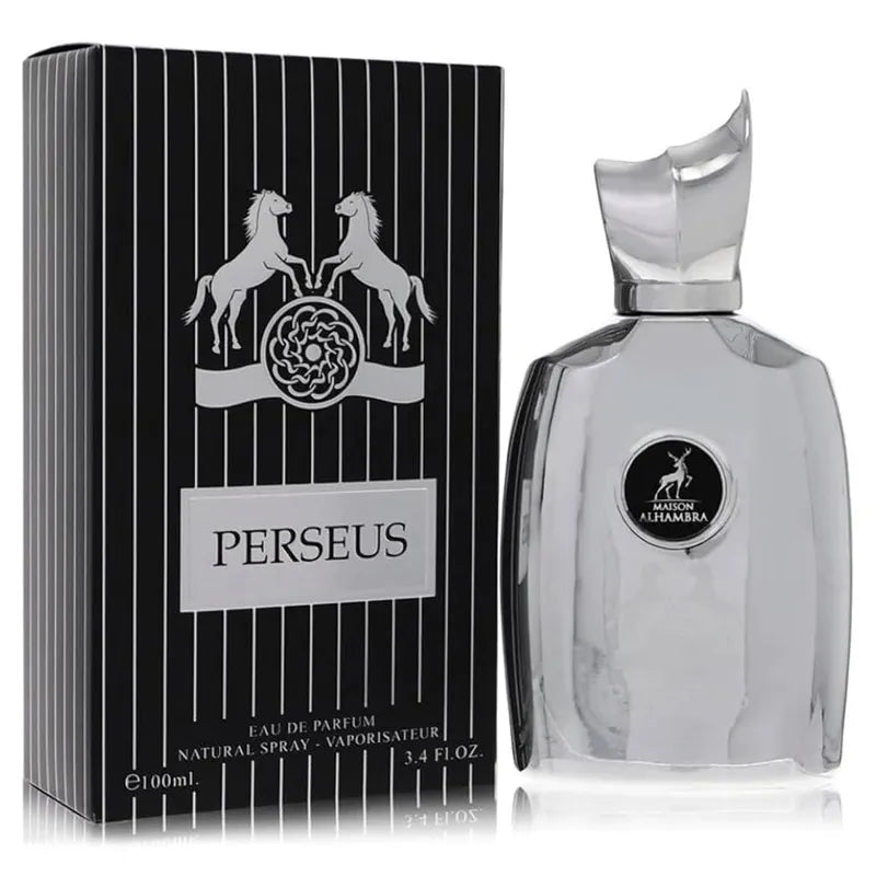 Perfume Maison Alhambra Perseus 100ml EDP frasco oscuro con etiqueta dorada y tapón