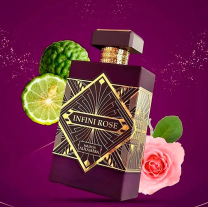 detalle del frasco del perfume maison alhambra infini rose destacando el nombre grabado y la tapa metálica