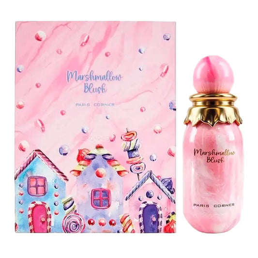 Fragancia Marshmallow Blush Paris Corner vista de la botella en primer plano mostrando su diseño dulce y femenino
