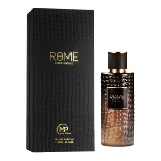 fragancia masculina rome pour homme bharara de 100 ml eau de parfum aroma intenso y duradero frasco de vidrio con tapa metálica
