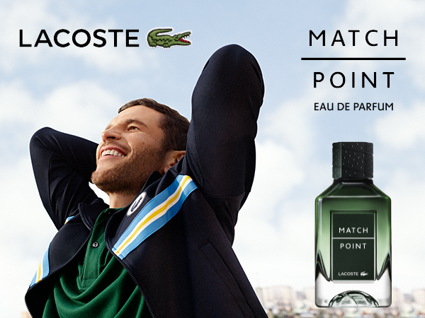 Perfume Lacoste Match Point EDP 100ml frasco deportivo con textura de grip y tapón negro